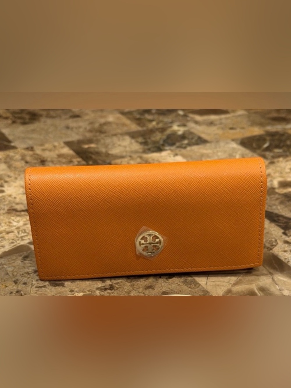 Tory Burch Brown/ Orange Glasses Case with Gold Emblem